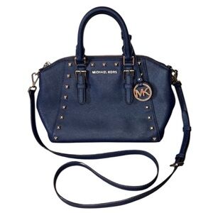 Michael Kors Ciara Navy Blue Gold Studded Leather Convertible Crossbody Bag